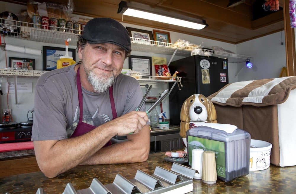 Seth Dudley, at Dudley's Dogs on Cross Road, Uxbridge. (Robin Lubbock/WBUR)